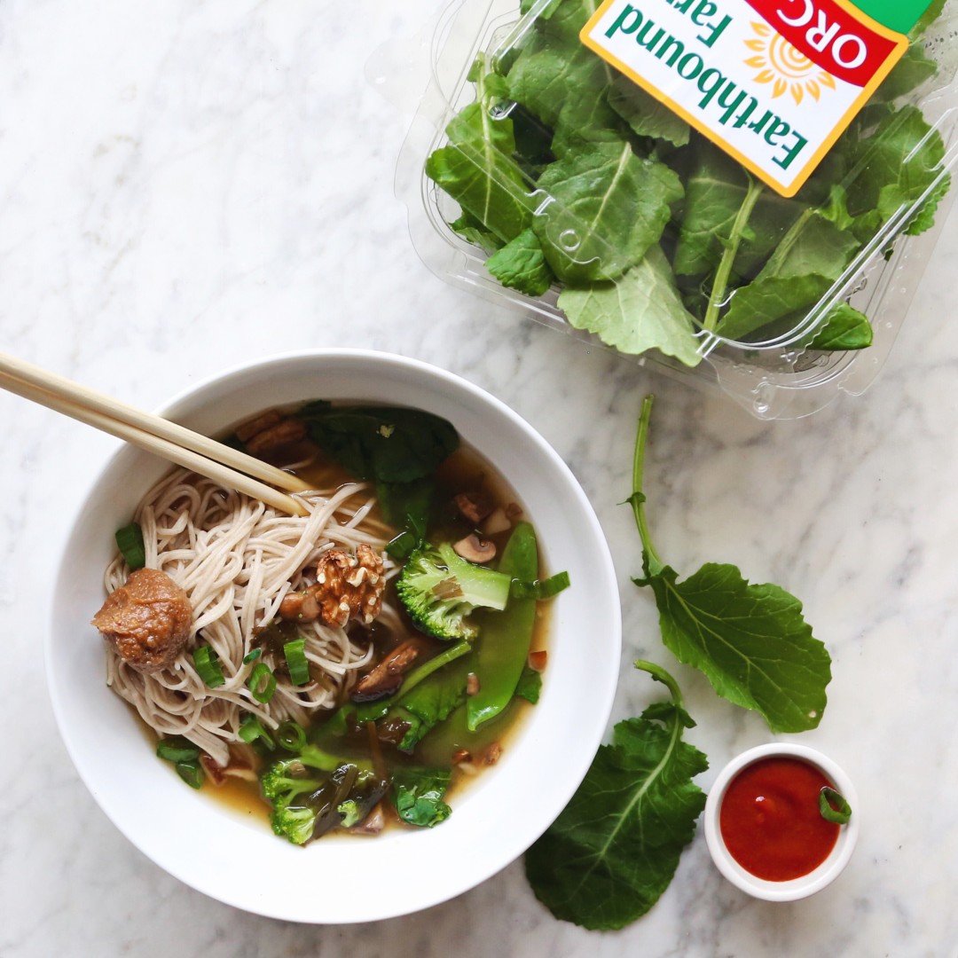 vegetable walnut miso soup with soba noodles