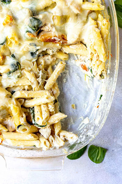 Spinach Artichoke Chicken Alfredo Baked Ziti Recipe