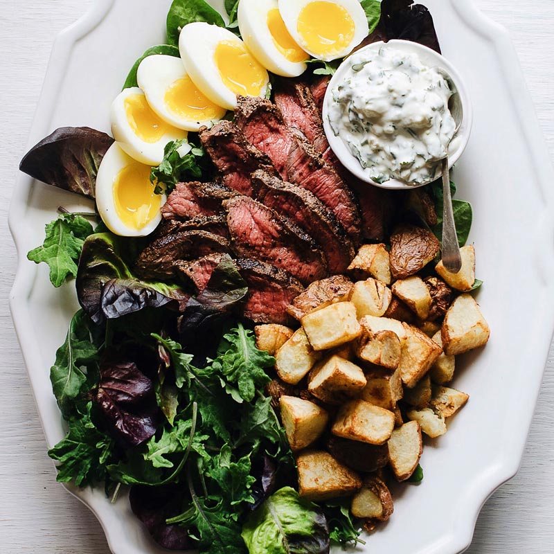Organic Baby Spinach, Arugula, and Kale, Steak and Egg Breakfast Salad