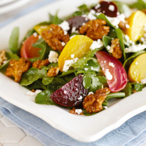 Organic Arugula and Roasted Beet Salad with Walnuts and Feta Cheese