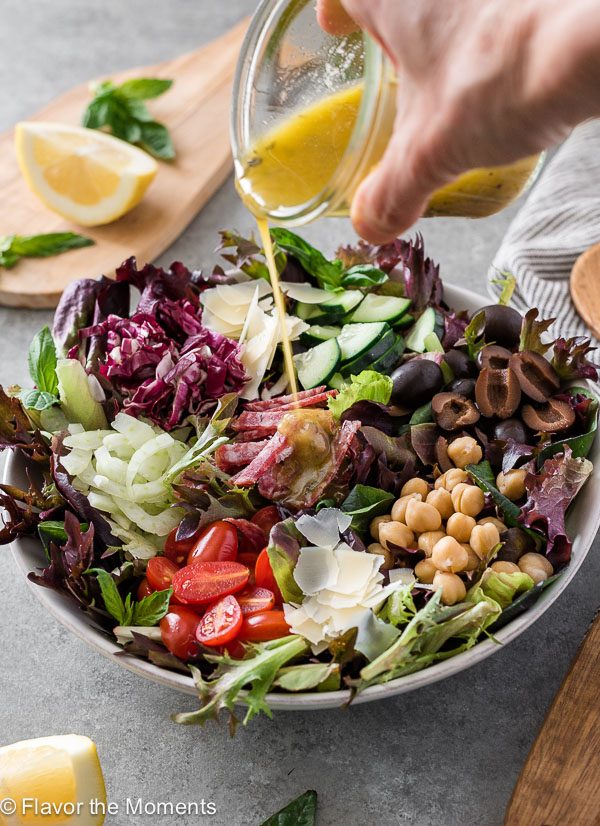  1 cup thinly chopped fennel 1 cup chickpeas, rinsed and drained 1 cup black olives, halved 1 cup chopped salami ½ cup shaved parmesan ¼ cup chopped basil, optional Easy Homemade Italian Dressing Author: Marcie, Flavor the Moments The Ultimate Italian Chopped Salad 