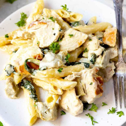 Spinach Artichoke Chicken Alfredo Baked Ziti Recipe