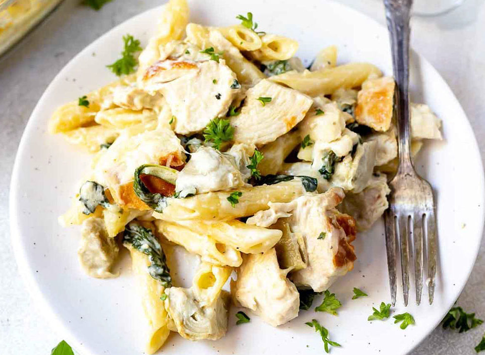 Spinach Artichoke Chicken Alfredo Baked Ziti Recipe