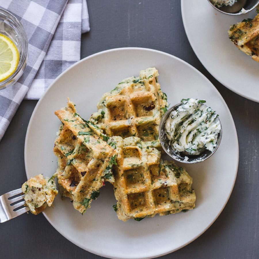 Power Waffle with Sun-Dried Tomatoes, Basil, and Ricotta