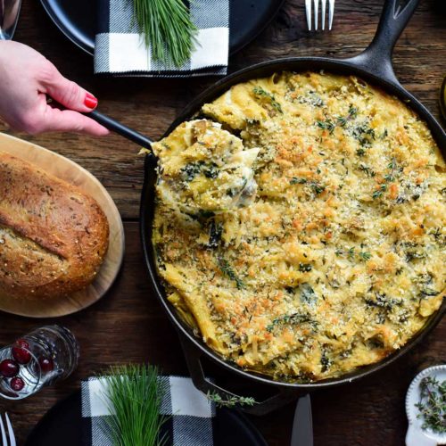 Creamy Cauliflower with Spinach + Bok Choy Baked Penne Featured Image