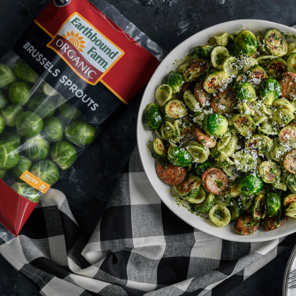 Pesto Pasta with Sausage & Roasted Brussels Sprouts Header Image