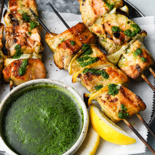 Grilled Salmon Skewers with Spinach and Kale Vinaigrette Featured Image