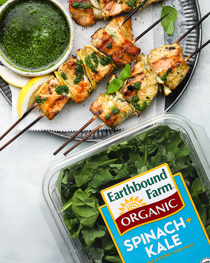 Grilled Salmon Skewers with Spinach and Kale Vinaigrette Recipe Image