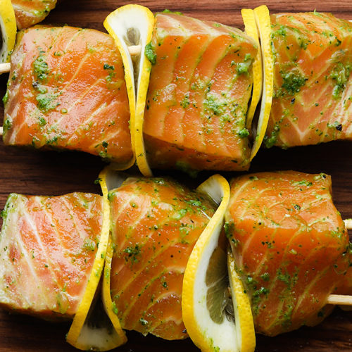 Grilled Salmon Skewers with Spinach and Kale Vinaigrette